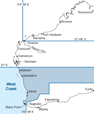 Western Australia map with west coast bioregion highlighted